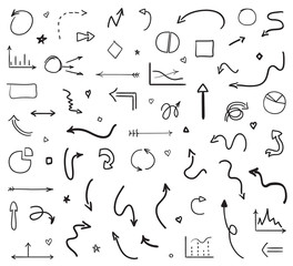 Infographic elements on isolated white background. Hand drawn wavy arrows. Set of different signs. Abstract symbols. Black and white illustration