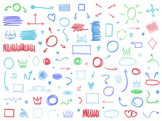 Colored sketchy elements isolated on white. Hand drawn simple sketches. Abstract signs. Sketchy symbols for work