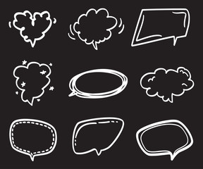 Set of hand drawn think and talk speech bubbles. Pattern of loot for words. Black and white illustration