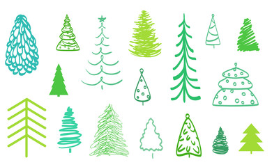 Obraz premium Colorful christmas trees on white. Objects for design on isolated background. Colored illustration