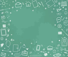 Back to school. Abstract colored chalkboard. Background with hand drawn school supplies