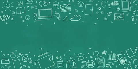 Back to school. Abstract blackboard. Sketchy background with hand drawn school supplies. Design for your business