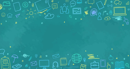 Back to school. Abstract blackboard. Sketchy background with hand drawn school supplies. Design for your business