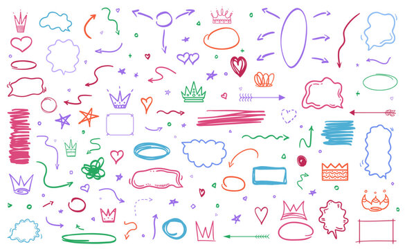 Colored elements isolated on white. Hand drawn simple sketches. Abstract signs. Sketchy symbols for work