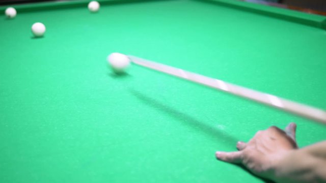 billiards. Close-up. man hand with cue and white ball on a green pool table. copy space