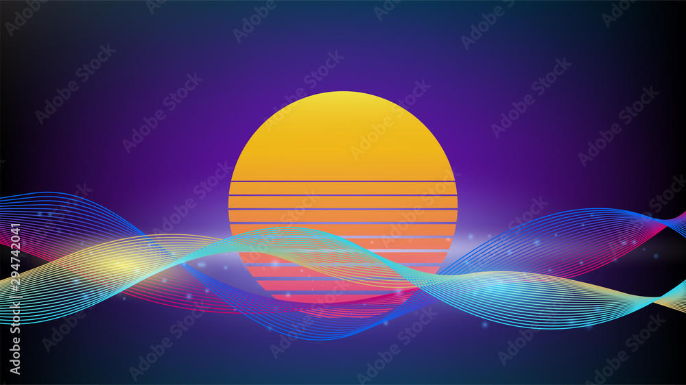 Poster abstract background colourful geometric dynamic shapes lines with sun retro vintage design.connectti