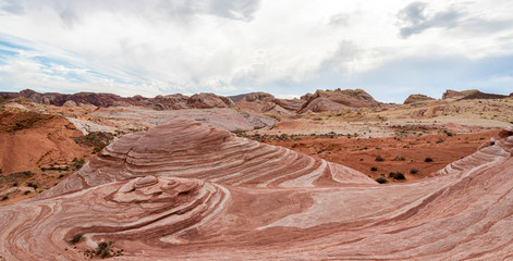 Panoramic View of Colorful Wave-formed Patterns on the Stones of Valley of Fire State Park, Late Afternoon, Nevada/USA