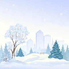 Snowy city park square background