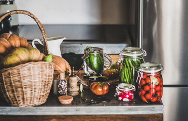 Autumn vegetable pickling and canning. Fresh ingredients and glass jars with homemade vegetables...