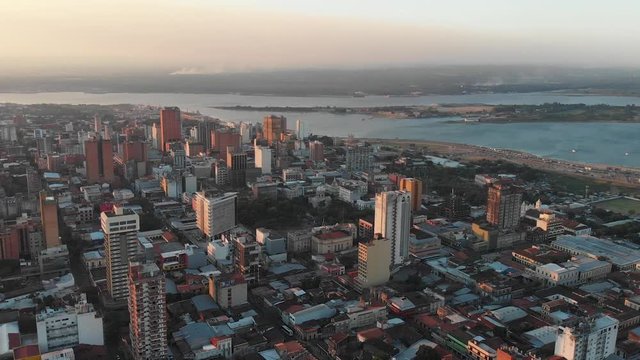 Buildings, Skyscrapers, River, Sunset, Asuncion capital of Paraguay, aerial view