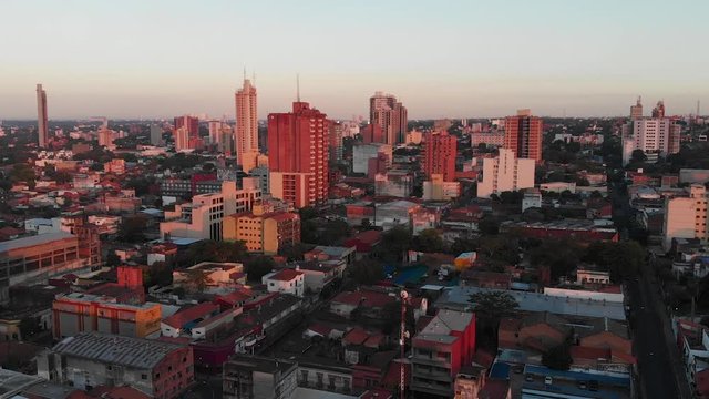 Buildings, Skyscrapers, Sunset (Asuncion capital of Paraguay) aerial view