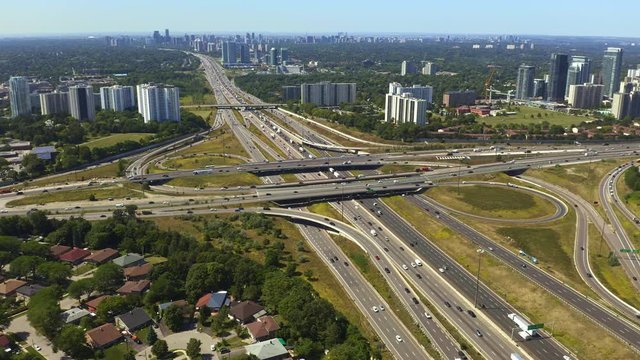 Aerial of a big highway interchange in Toronto, Canada. ORBITAL