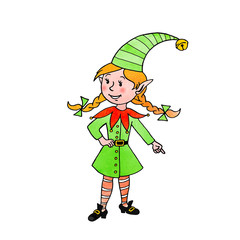 Cute little watercolor Christmas Elf girl. Happy New Year. Set of cartoon Elfs. New year and Christmas characters. Simple color illustration for greeting cards, calendars, prints, children's book