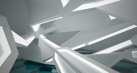Abstract white interior with water and neon lighting. 3D illustration and rendering.