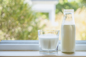 Reptientes with milk on the window view background. Alternative milk concept. Front view. Horizontal composition