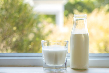 Reptientes with milk on the window view background. Alternative milk concept. Front view. Horizontal composition