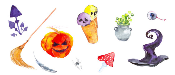 Festive set for Halloween, pumpkin, hat, feather, eye, fly agaric, broom, toadstools, ice cream with skulls, pot with potion.Watercolor illustration isolated on white background