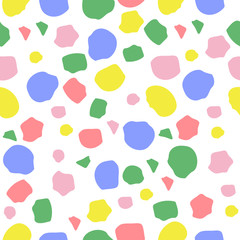 Seamless abstract pattern, spots-like soft design. Multi colored abstract vector elements, white background. Perfect for wrapping paper, gifts decoration.