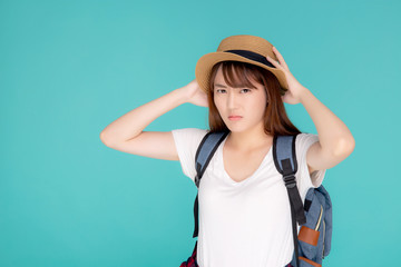 Fototapeta na wymiar Beautiful young asian woman upset and worry travel summer trip in abroad isolated on blue background, tourist asia girl having problem and stress journey in vacation for leisure, holiday concept.