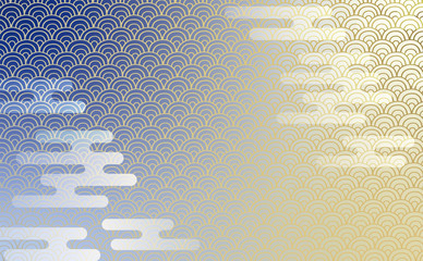 青海波文と霞の和柄背景　青金