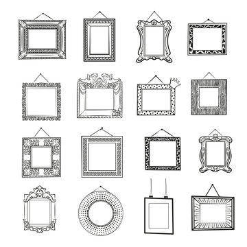 Black and white blank picture frames. Classic, modern and vintage blank frames. Line art set