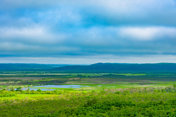 Kushiro Shitsugen national park in Hokkaido in summer day, view from Hosooka observation deck, the largest wetland in Japan. The park is known for its wetlands ecosystems