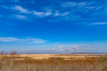 Fototapeta premium Kushiro Shitsugen national park in Hokkaido in spring day, view from Hosooka observation deck, the largest wetland in Japan. The park is known for its wetlands ecosystems