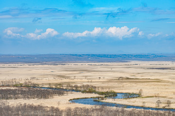 Kushiro Shitsugen national park in Hokkaido in spring day, view from Hosooka observation deck, the largest wetland in Japan. The park is known for its wetlands ecosystems