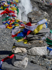Cairns and prayer flags at Everest Base Camp in Nepal