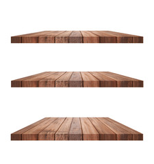 Empty brown old wooden shelf isolated on white background. for montage of your product