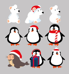 bundle christmas animals with set icons vector illustration design