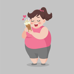 Big Fat woman love to drinking ice coffee with whip cream, enjoy ice mocha, latte, sweet sugar, delicious, good taste, diet cartoon, lose weight, Lifestyle healthy Healthcare concept.