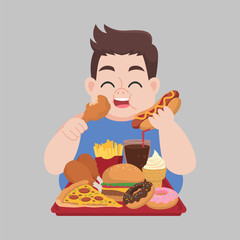 Big Fat Happy man enjoy eat fast food, junk food, chicken drumstick, pizza, donuts, French fries, Hamburger, ice cream, coca cola, hot dog, unhealthy cartoon, diet lose weight, Healthcare concept