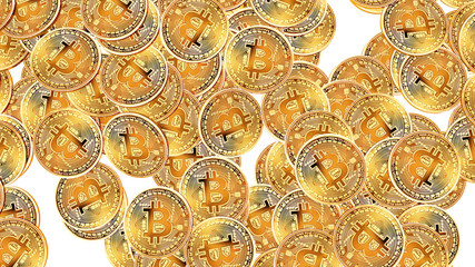 Internet-Währung Bitcoin.top view pile of many Gold Bitcoin coins