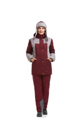 Girl in burgundy working clothes isolated shot