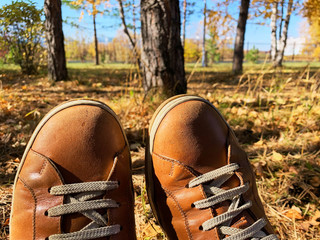 very bright well-worn hipster orange sneakers close-up with autumn forest and trees on a background of foliage on the ground