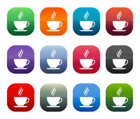 Coffee cup icon shiny square buttons set illustration design