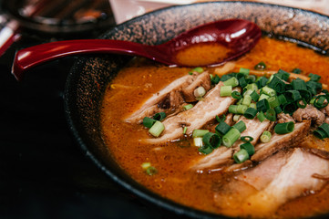 Miso Tonkotsu Ramen Chashu pork with garlic oil spring onion - Hokkaido ramen recipe