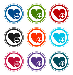 Add favorite heart icon flat round buttons set illustration design