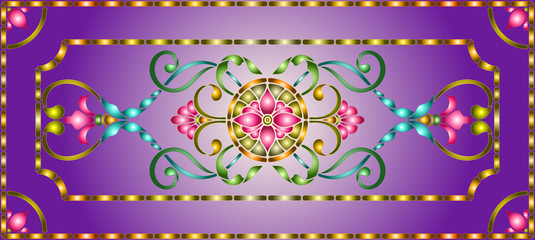 Illustration in stained glass style with abstract  swirls,flowers and leaves  on a purple background,horizontal orientation