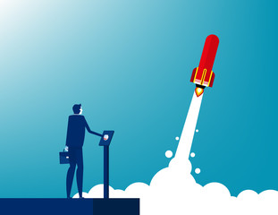 Fototapeta premium Businessman launches rocket. Concept business startup vector illustration, Successful, Achievement.