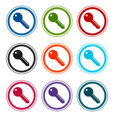 Key icon flat round buttons set illustration design
