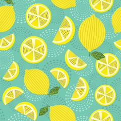 Abstract seamless pattern of bright yellow lemons with blue-green decorative dotted background. 
