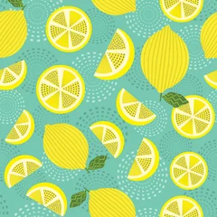 Foto op Plexiglas Citroen Abstract naadloos patroon van heldere gele citroenen met blauwgroene decoratieve gestippelde achtergrond.