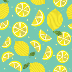 Abstract seamless pattern of bright yellow lemons with pulps on a blue-green background.