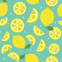 Acrylic prints Lemons Abstract seamless pattern of bright yellow lemons with pulps on a blue-green background.