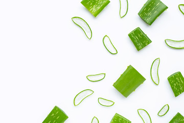 Aloe Vera cut pieces with slices on white background.