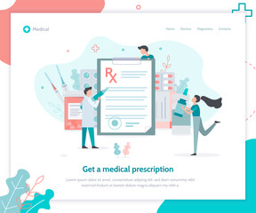 Get a medical prescription. Landing page template. The doctor writes a prescription. Pharmacists to bring medicine. Flat vector illustration.