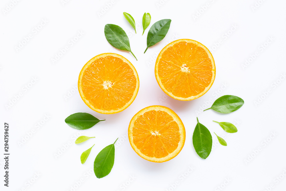 Wall mural Fresh orange citrus fruit with leaves isolated on white background.