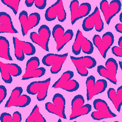 Seamless pattern of abstract pink hearts with dark blue outline. 